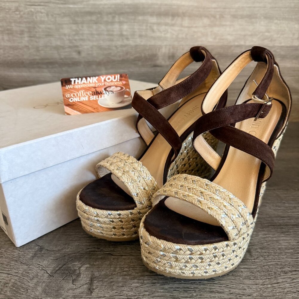 Jimmy Choo Portia 120 Mahogany Suede Wedge Sandals Women's Size 36.5 EUC